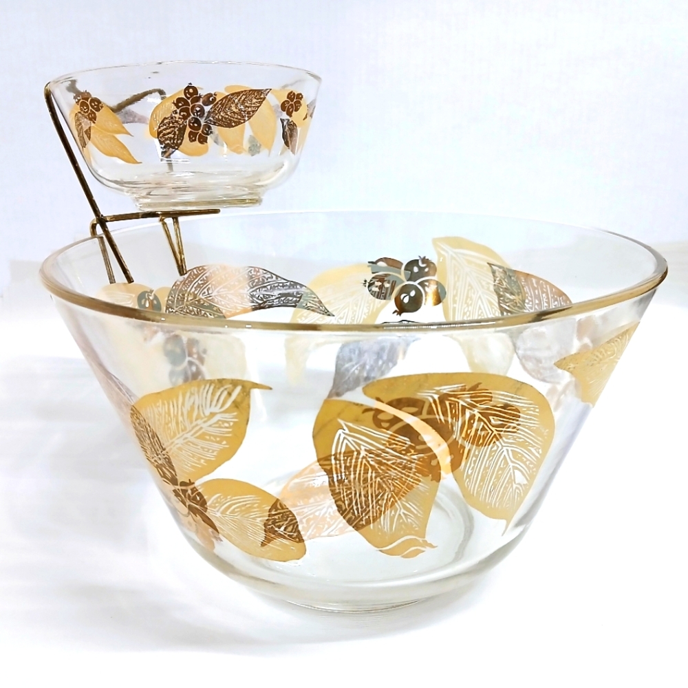 Vintage Glass Chip and Dip Bowl Set with Gold Leaf Design